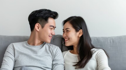 Obraz premium young asian couple wearing light clothing, looking contented and happy. They are looking into each others eyes reclining on a grey sofa. White co background with uncluttered elements. Overall image c