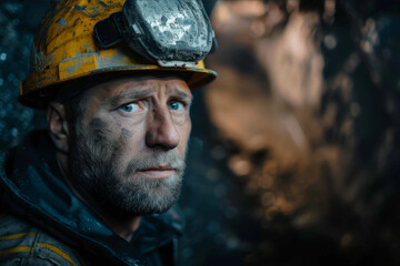 Obraz premium Close-up of a miner extracting silver ore in an underground mine with dim lighting and a focused expression.. AI generated.