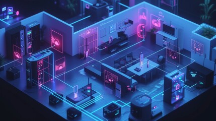 Smart home with Internet of Things: visualization of a home network in which devices are automatically adjusted and controlled using artificial intelligence.