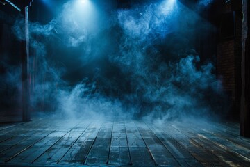 Rustic Wood Floor and Smoky Atmosphere: Dark, Dramatic, and Moody Background with Hazy Lighting and Ethereal Smoke for Creative and Artistic Photography Projects

