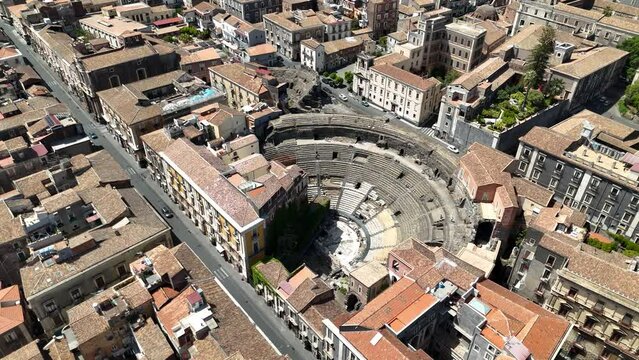 Aerial view of Greek-Roman Theatre in Catania city, Sicily, Italy