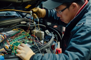 Obraz premium Mechanic Repairing Car ECU and Ensuring Secure Connections in the Engine Bay for Optimal Performance