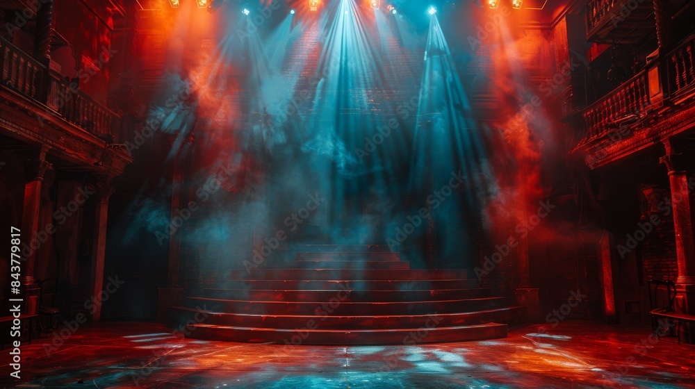 Poster an empty theatrical stage set is dramatically illuminated with colorful lights and atmospheric smoke