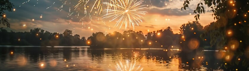 Scenic landscape with a fiery sunset reflected on calm river water