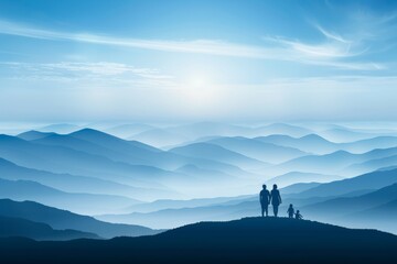 Silhouette of family with two adults and one child standing on a hill, gazing at the vast, misty mountain landscape under a bright sky. The peaceful scene evokes feelings of unity, contemplation,