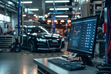 High-Tech Garage Diagnostic Setup with Real-Time Car Data on Computer Screen