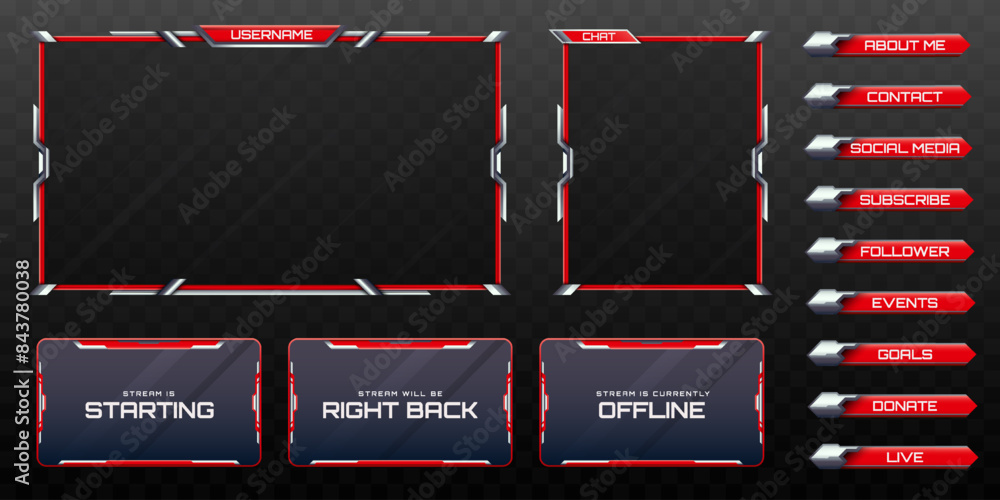 Aufkleber live stream overlay webcam screen frame and stream alert gui panels with red and silver colored for 
