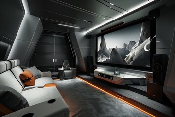 Fototapeta premium Modern Home Theater with Ultra HD TV and Surround Sound System in Monochrome Design