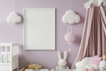 A nursery room with a white frame and a pink canopy