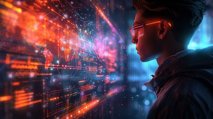 An entrepreneur looking at a holographic projection of a roadmap, with milestones and goals highlighted, indicating strategic planning and foresight. Clipart illustration style, clean, Minimal,