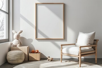 A white room with a wooden chair and a rabbit stuffed animal