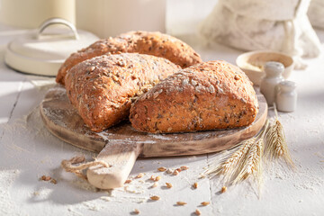 Healthy and fresh triangular buns freshly baked in home bakery.