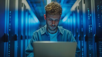 technicians working on their laptops in a data center, surrounded by server racks and glowing lights.