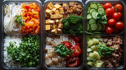 Various meal prep containers with a balanced of veggies, proteins, and grains Attractively arranged and colorful