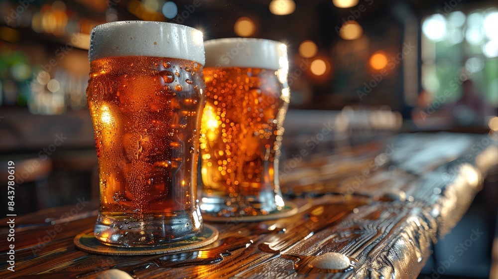 Poster close-up of two frothy beers on a bar table with warm lighting and blurred background