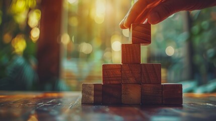 Hand stacking wooden blocks in a sunlit room