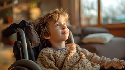 A smiling child in a cozy, well-lit living room, sitting in a wheelchair and wrapped in a colorful sweater.