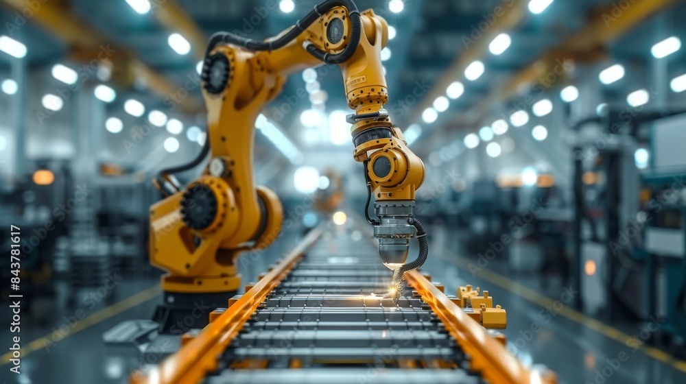 Aufkleber a robotic arm performing welding tasks on a conveyor belt with a focus on precision and automation i