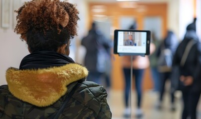 student with afro watching video call at school entrance in winter