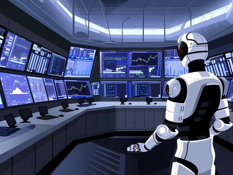 AI-Generated image of A robot is standing in front of a computer monitor with a blue screen. The robot is wearing a white suit and has a black face.