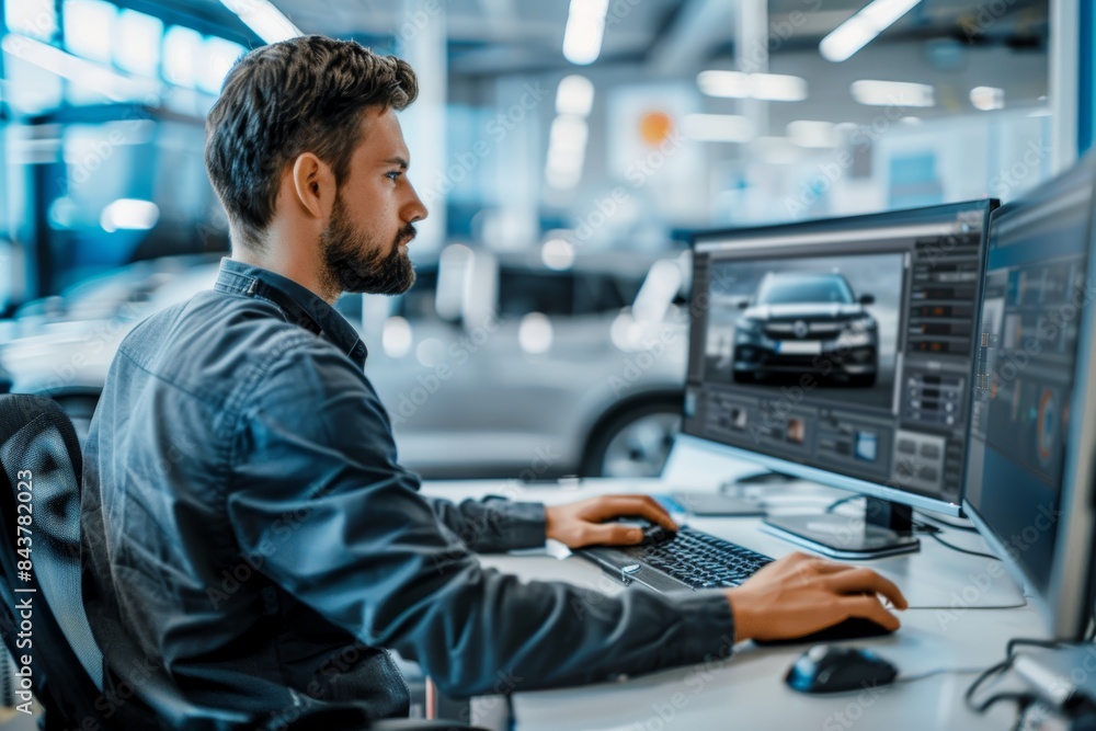 Aufkleber service advisor working on computer system in auto repair office with car in background