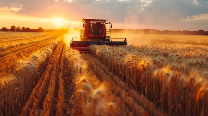 Fototapeta premium A combine harvester working during a sunset in a vast golden wheat field, evoking the harvest season
