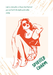 A beautiful girl in a tank top and sunglasses. Vector poster on the theme of sweet life, sweet tooth, hand-drawn drawings with interesting, inspiring phrases for the comfort of your home