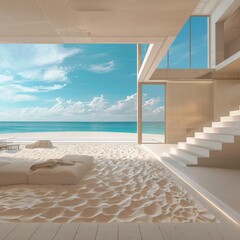 beautiful home interior space with black living room wooden floor with ocean seaside blue sky sea sand beach summer freshness travel season window view house design tropical style,