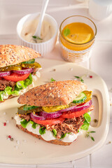 Healthy sandwich with beef and vegetables for breakfast.