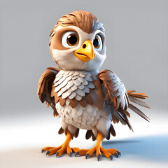A 3D animated cartoon render of a smiling cartoon Cute falcon character 3D Rendered on White background.