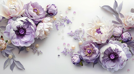 A bunch of purple and white flowers arranged on a white background