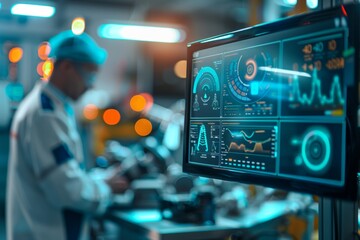 High-Tech Engine Diagnostic Screen Displaying Parameters with Mechanic Analyzing Data in Auto Workshop