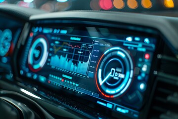 Digital Diagnostic Tool Displaying Vehicle Metrics on Car Dashboard at Night