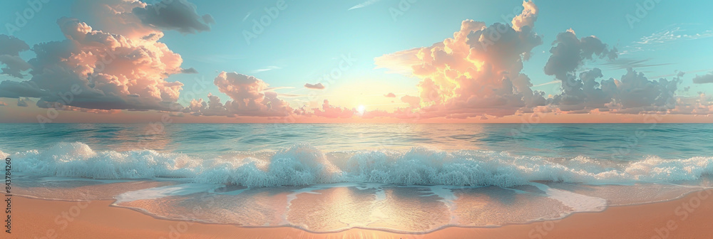 Wall mural panorama view of sunset beach abstract background. generative ai.
