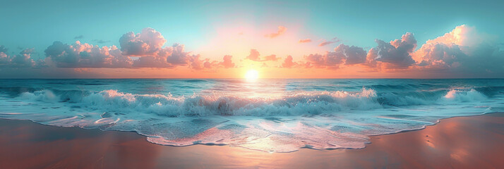 Panorama view of sunset beach abstract background. Generative ai.
