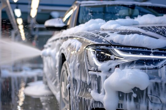 Close-Up Foam Cannon Detailing on Luxury Sedan at Modern Car Wash Station for Premium Maintenance