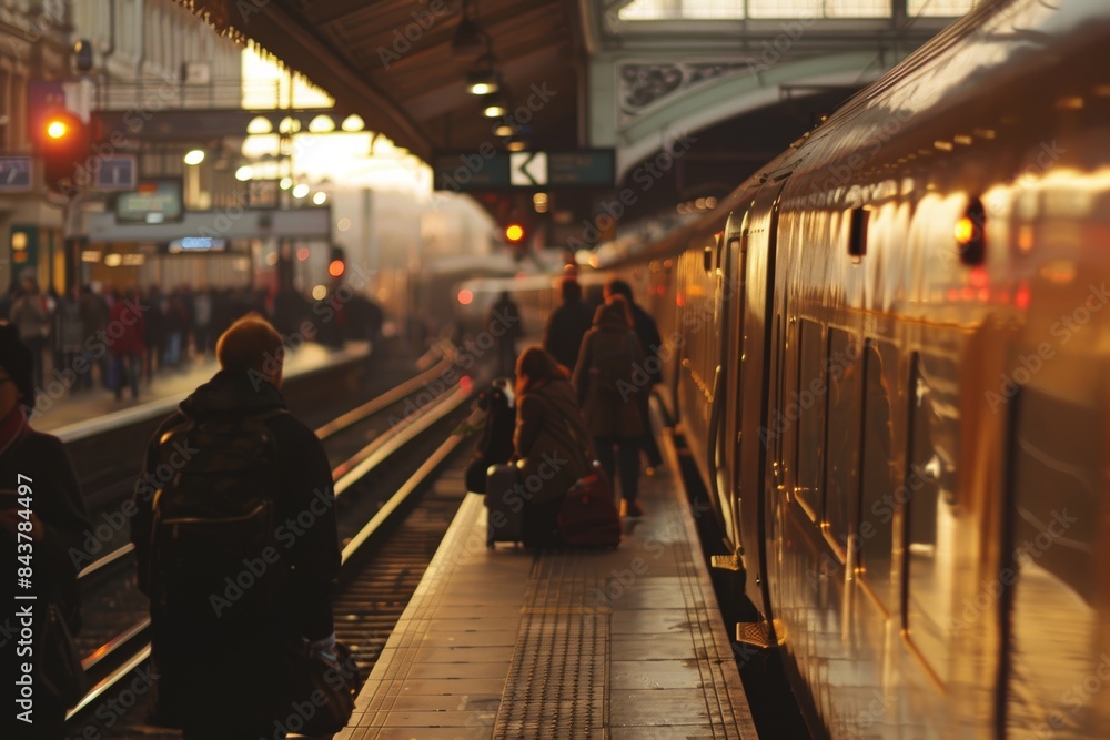 Aufkleber dynamic train station scene with commuters and high-speed transit for urban mobility concepts