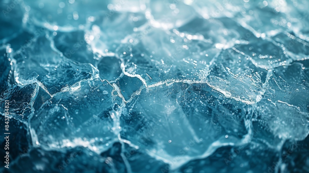 Poster this image showcases intricate patterns and textures formed by cracked ice with a captivating blue t