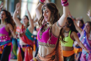 Colorful Bollywood Dance Fitness Class: Lively Music, Joyful Participants in Vibrant Outfits