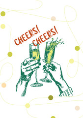 Two glasses of champagne. Vector poster on the theme of sweet life, sweet tooth, hand-drawn drawings with interesting, inspiring phrases for the comfort of your hom