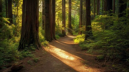 Obraz premium Tranquil Forest Path: Sunlit Serenity Among Towering Trees