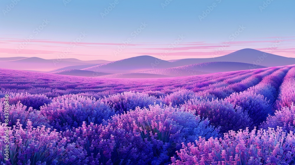 Sticker A field of lavender in full bloom under a clear blue sky, with a gentle breeze creating waves of color, symbolizing peace and serenity. Clipart illustration style, clean, Minimal,