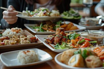 Obraz premium fusion asian cuisine food buffet at hotel or restaurant. all you can eat concept