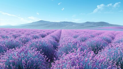 Obraz premium A field of lavender in full bloom under a clear blue sky, with a gentle breeze creating waves of color, symbolizing peace and serenity. Clipart illustration style, clean, Minimal,