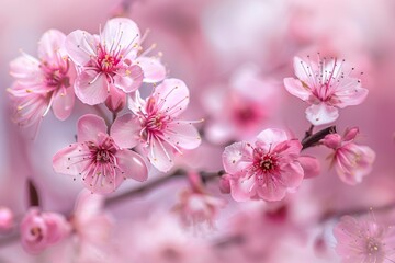 Delicate Pink Cherry Blossom Branch with Soft Blurred Background - Springtime Floral Beauty