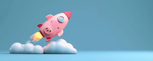 Rocket taking off from a piggy bank, symbolism of investments and economic progress, cute and imaginative illustration, blue backdrop