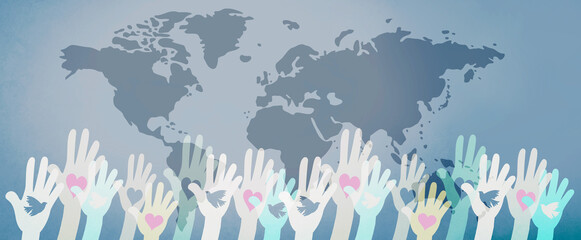Hand with dove and heart, international peace day, faith, freedom, charity and help concept, humanitarian aid, world map