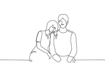 woman lowered her head on the shoulder of a man sitting next to him - one line art vector. relationship concept, couple, family