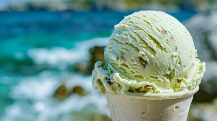 Obraz premium Delicious pistachio ice cream with the Caribbean Sea in the background. Holiday mood