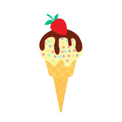 Ice cream in waffle cone with strawberry